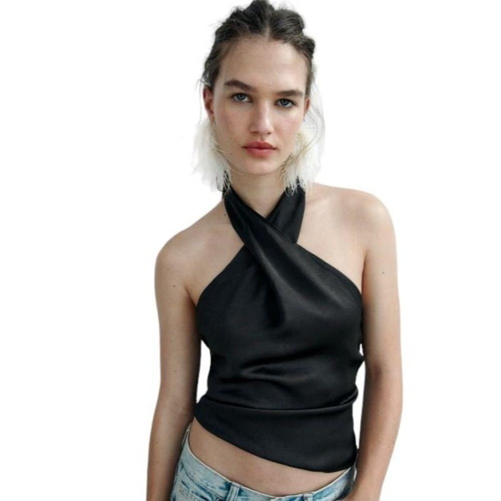 ZARA SATIN HALTER TOP Black SIZE S
